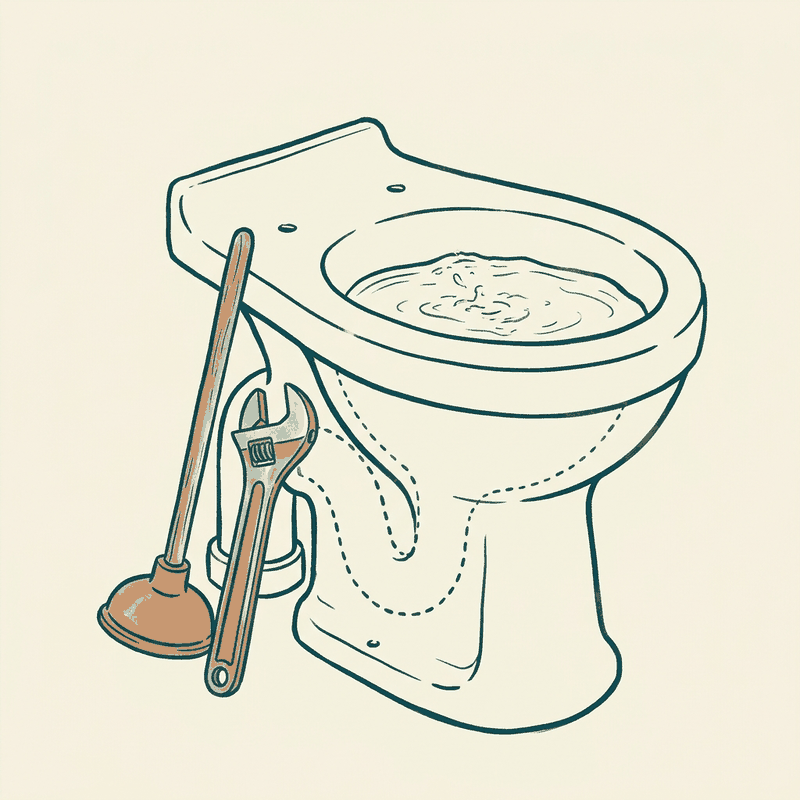 Hand-drawn illustration of a UK toilet with a high water level in the pan and a wooden plunger beside it, for blocked toilet swindon enquiries