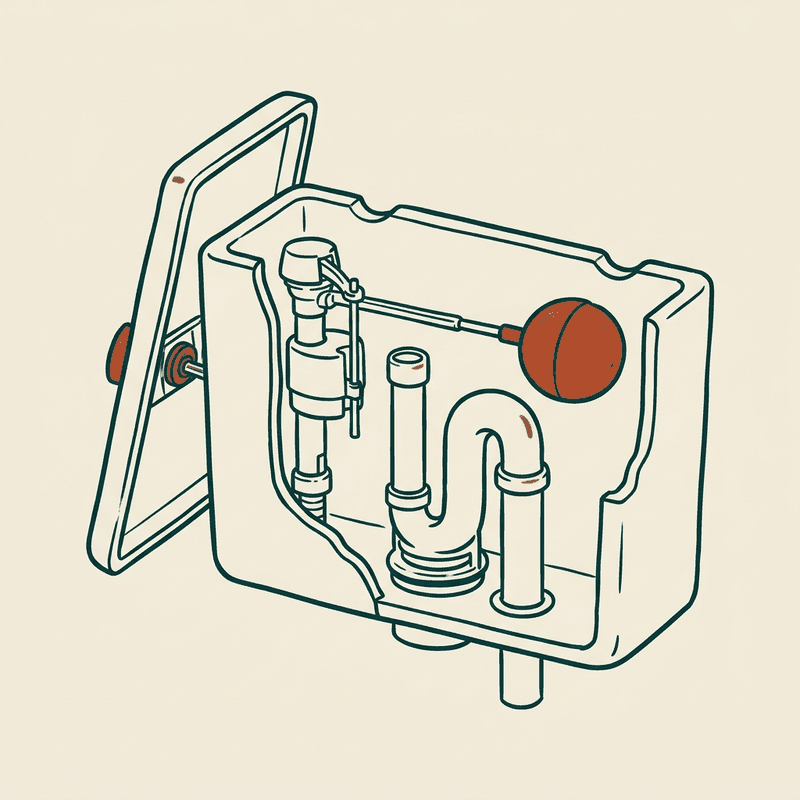 Hand-drawn illustration of a UK toilet cistern with the lid lifted off, showing the fill valve, flush valve, and push button, for toilet cistern repair swindon enquiries