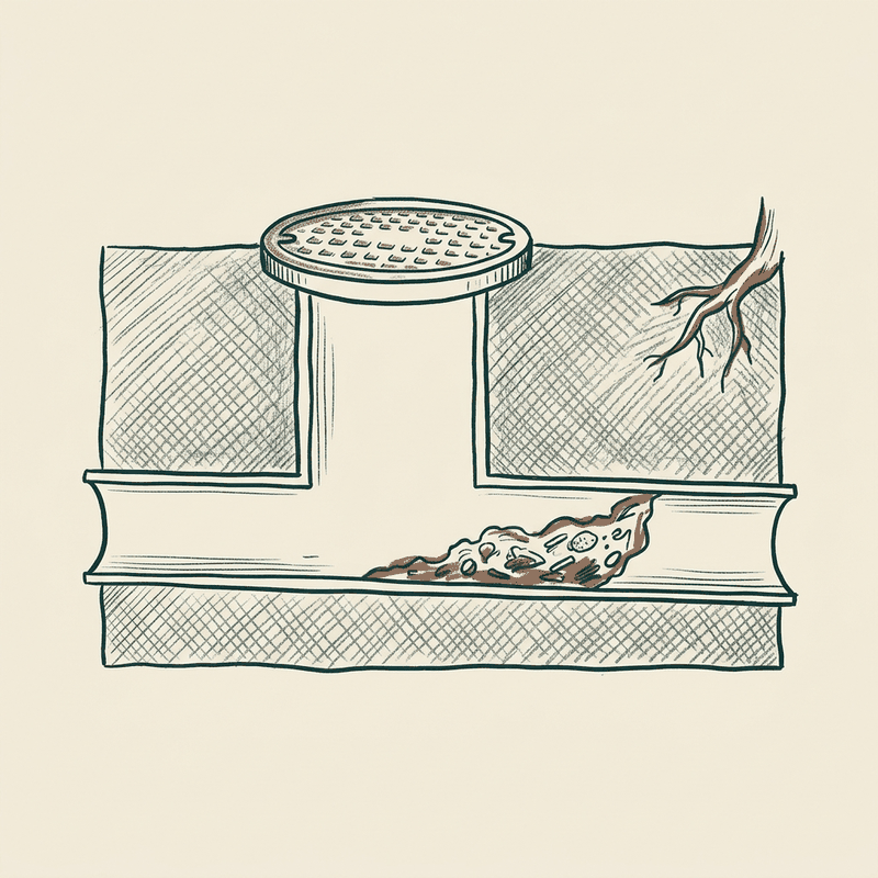 Hand-drawn illustration of a UK domestic drain run showing a manhole, a part-blocked pipe, and a tree root, for drain unblocking swindon enquiries