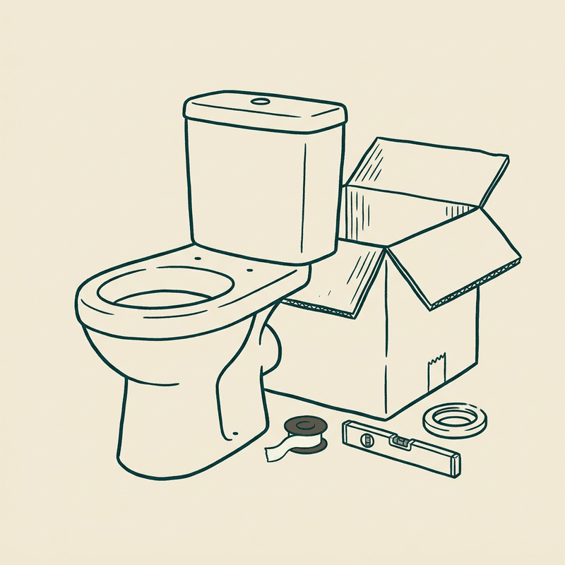 Hand-drawn illustration of a new UK close-coupled toilet beside its open box, with PTFE tape and a wax seal ring, for toilet installation swindon enquiries