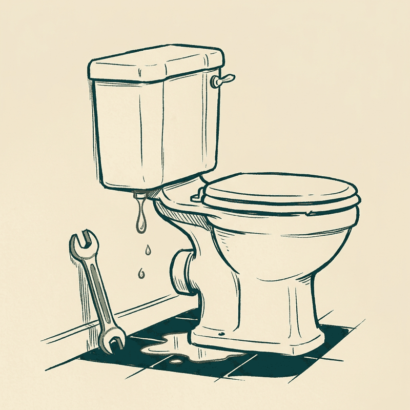 Hand-drawn illustration of a UK toilet with a small drip falling from the joint between cistern and pan, for leaking toilet repair swindon enquiries